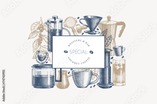 Alternative Coffee Makers Illustration. Vector Hand Drawn Specialty Coffee Equipment Banner. Vintage Style Coffee Bar Design