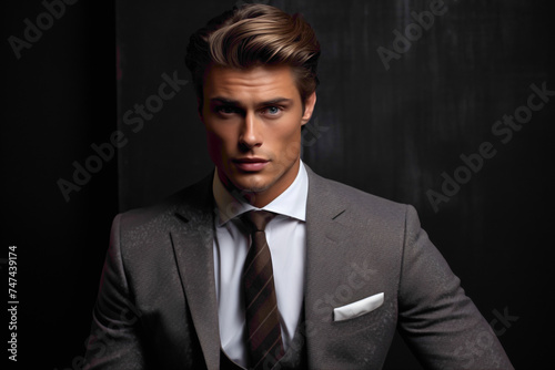 Against a backdrop of soft dove gray, the male model adjusts his tie with precision, his elegant hairstyle and tailored attire reflecting sophistication and confidence.