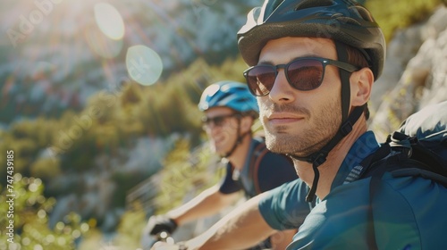 Two men enjoying a bike ride together. Great for outdoor activities promotion