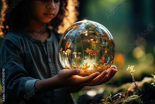 International day of peace concept: Children hands holding earth global over blurred abstract nature background. Earth Day