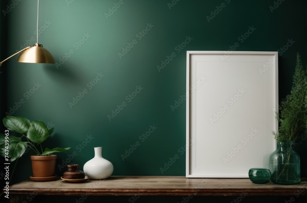 Mockup white poster frame and accessories decor in cozy dark green interior background Mockup white poster frame and accessories decor in cozy dark green interior background