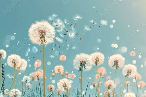 Dandelion field with seeds dispersing in the breeze on a clear day photo