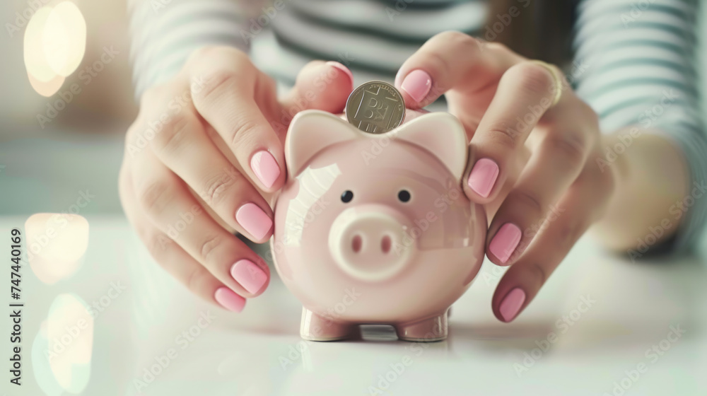 woman's hands with pink polished nails depositing a silver coin into a ...