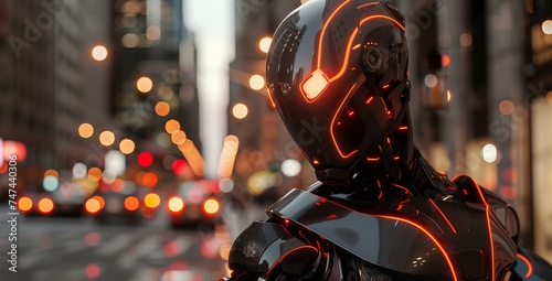 A high-tech cyberpunk robot stands in the middle of a city street, illustration, art