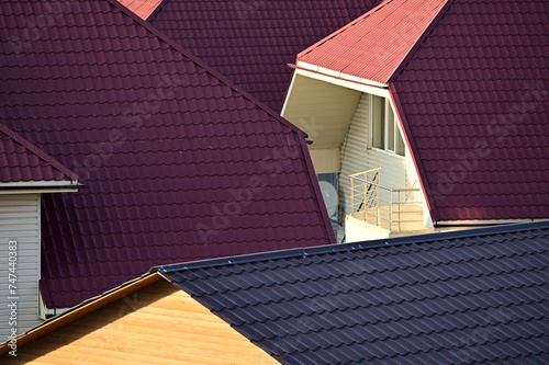 Colorful metal tile roofs closeup