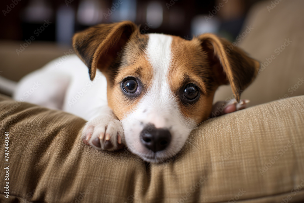 Cute little dog resting on the bed in a bright living room Cute little dog resting on the bed in a bright living room