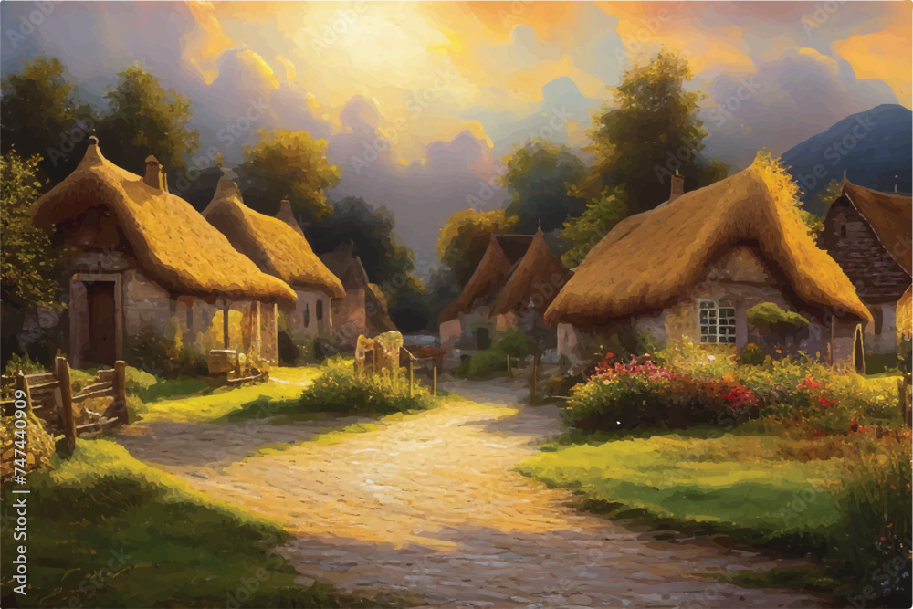 Oil painting of a Beautiful Village. Oil painting - houses in the village. Old historic Village. Oil paintings rural landscape. A rustic village scene, bathed in the ethereal glow of a heaven.  - obrazy, fototapety, plakaty 