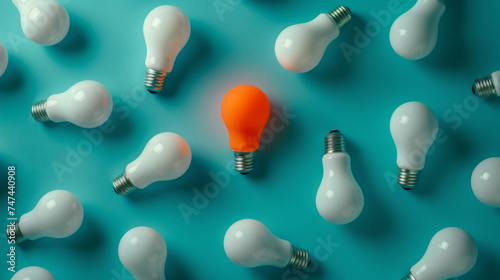 An orange lightbulb glowing among a group of white lightbulbs on a teal background, representing a unique idea or solution.