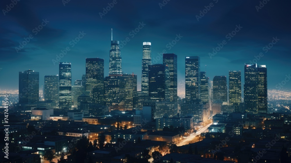 A stunning cityscape view at night from a high rise building. Perfect for urban and skyline concepts