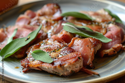 A plate of saltimbocca alla romana, a classic Roman dish made with veal cutlets, prosciutto, and sage photo
