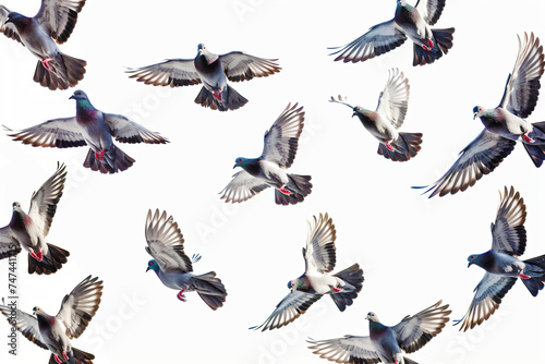 group of pigeons flying isolated on white background
