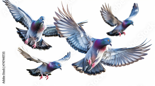 group of pigeons flying isolated on white background 