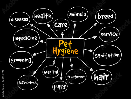 Pet Hygiene - looking after their animals and make sure that animals are clean and healthy, mind map text concept background