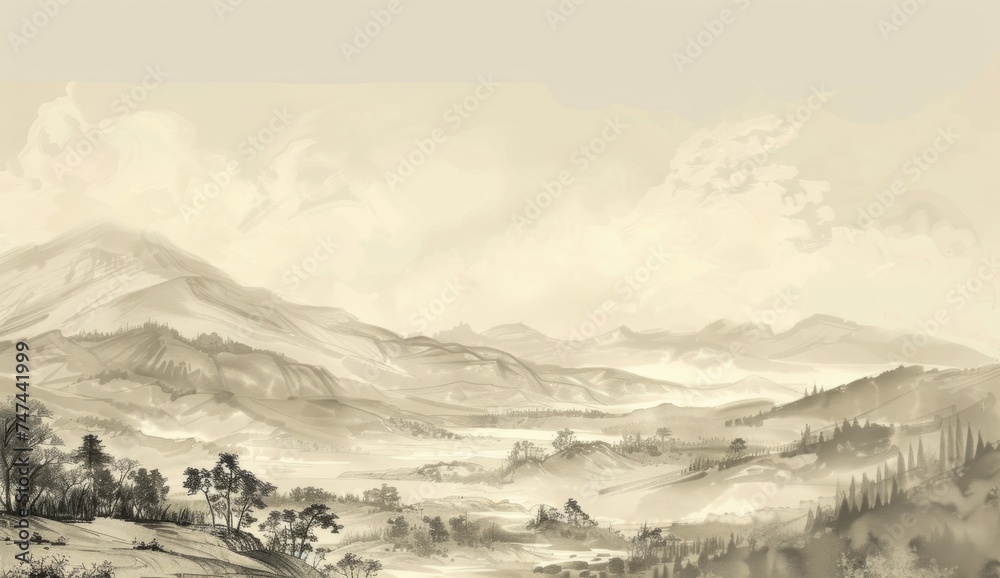 modern chinese landscape drawing wallpaper Generative AI