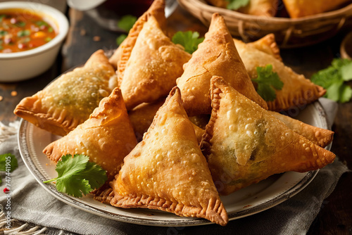 A plate of samosas, a fried or baked pastry with a savory filling, such as spiced potatoes, onions, peas, meat, or lentils.