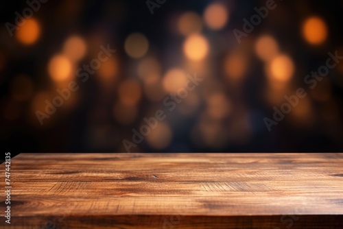 A simple wooden table with a blurred background. Perfect for adding text or graphics