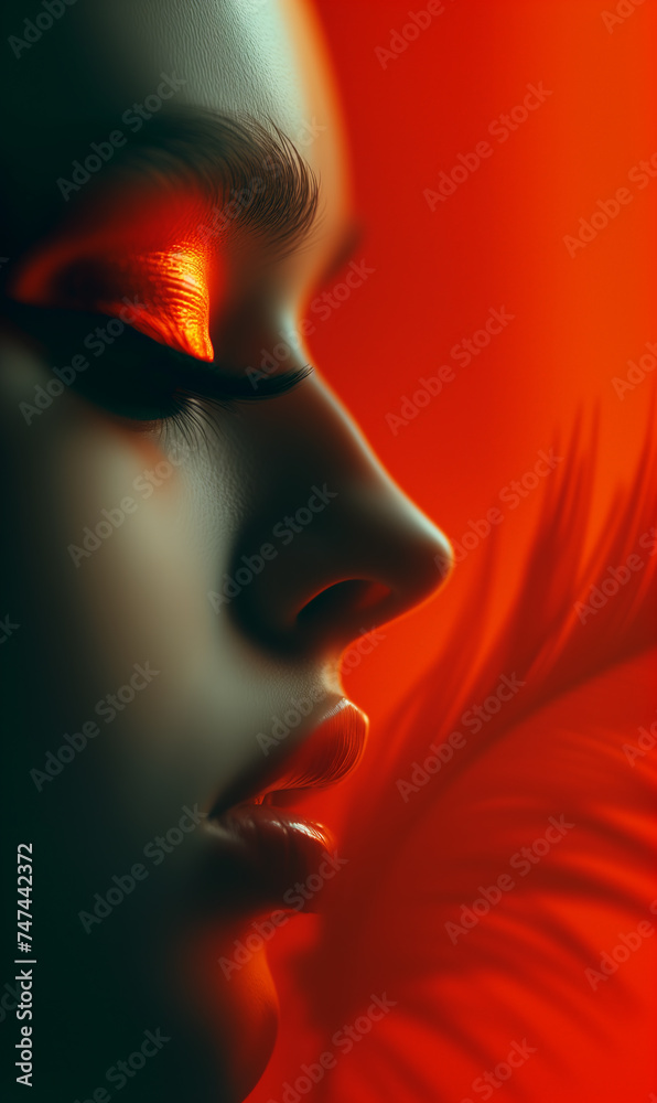 Close-up of woman face from side view with red lips and make-up in sensuality and fragility concepts Close-up of woman face from side view with red lips and make-up in sensuality and fragility concepts