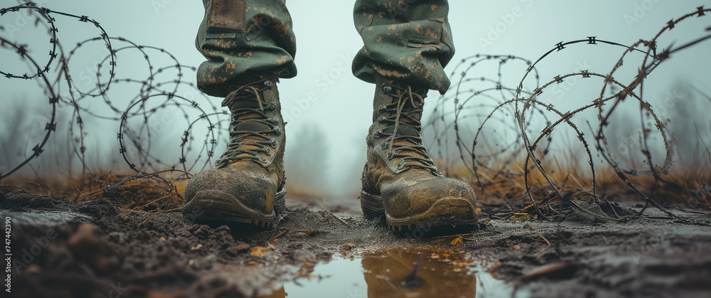 Close-up on soldier boots with barbwire on the front line banner Close-up on soldier boots with barbwire on the front line banner