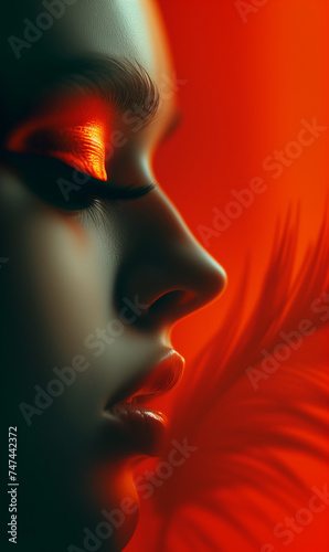 Close-up of woman face from side  view with red lips and make-up in sensuality and fragility concepts