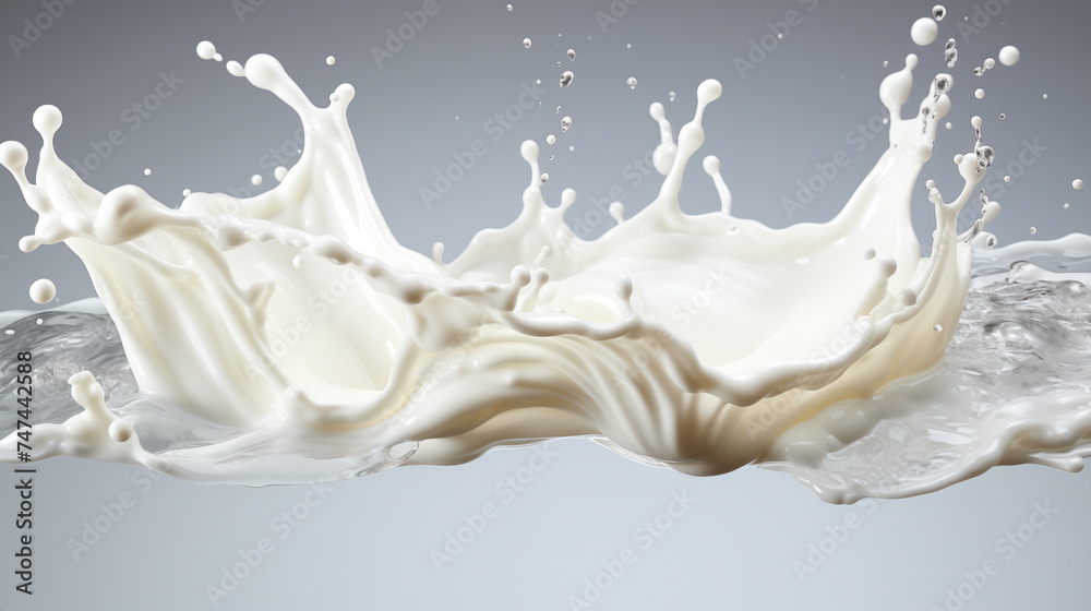 Dynamic milk splash on gray background, high-speed photography, liquid motion, white drink drops Dynamic milk splash on gray background, high-speed photography, liquid motion, white drink drops