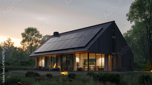 Solar panels on the gable roof of a contemporary home with large glass windows, showcasing eco-friendly living, solar panels on the gable roof, blurred background, with copy space © Denis Yevtekhov