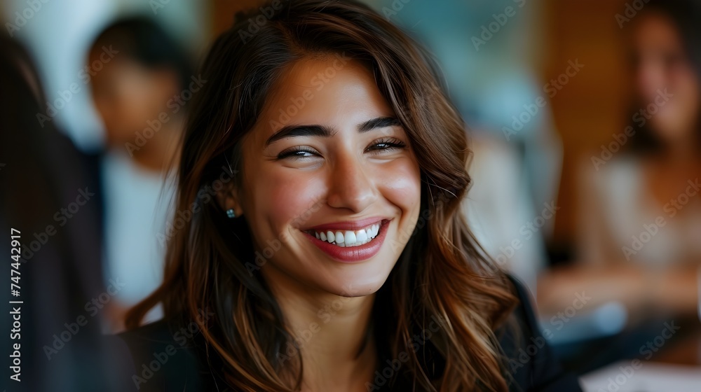 A young businesswoman smiling with her colleagues in the office. Empower, confidence, teamwork and positive relationships in the workplace A young businesswoman smiling with her colleagues in the office. Empower, confidence, teamwork and positive relationships in the workplace