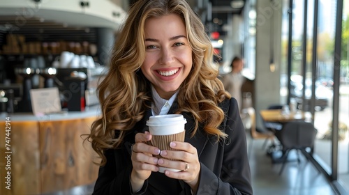 A young businesswoman smiling at the camera while holding a cup of coffee in a large coffee shop, Youthful energy, Empower, confidence and relatable personality