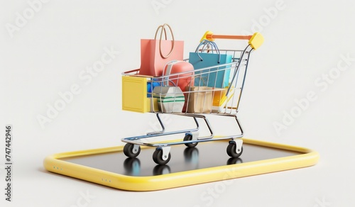 3d rendering of a mobile cart with shopping items, isolated, white background, a 3d rendered rounded square button, playful and bubbly