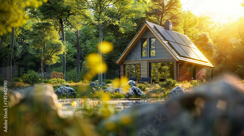 A picturesque modern cabin in a forest setting, with solar panels on the gable roof blending with nature, solar panels on the gable roof, blurred background, with copy space