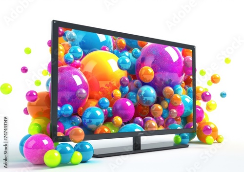 color bubbles and tv sits on a stand against a black background  isolated