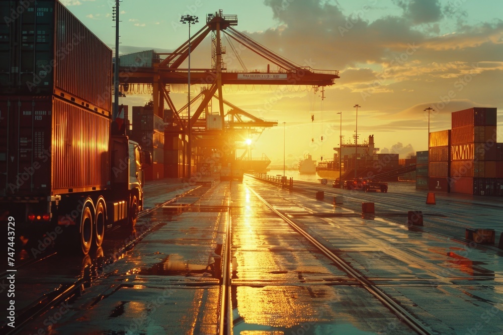 Beautiful sunset over a train yard, perfect for transportation or industrial themes