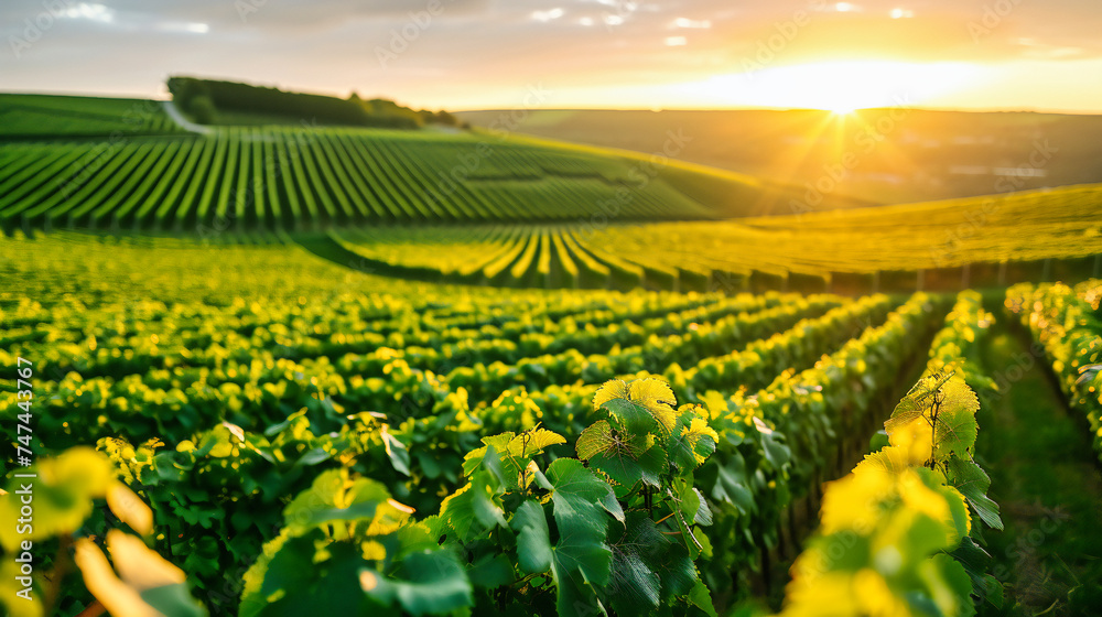 Serene Vineyard at Sunset, Lush Grapevines Under a Pastel Sky, Peaceful Agricultural Landscape