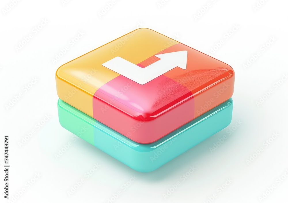 a down arrow graph with a color on it, isolated, white background, a 3d rendered rounded square button, playful and colourful and bubbly