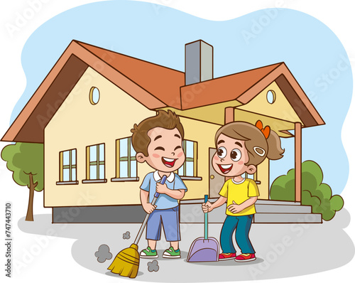 vektör illustration of a Little kids Mopping the Floor with a Mop