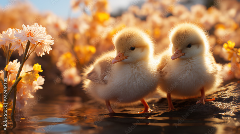 Two adorable ducklings among spring flowers with a warm, golden sunlight background.