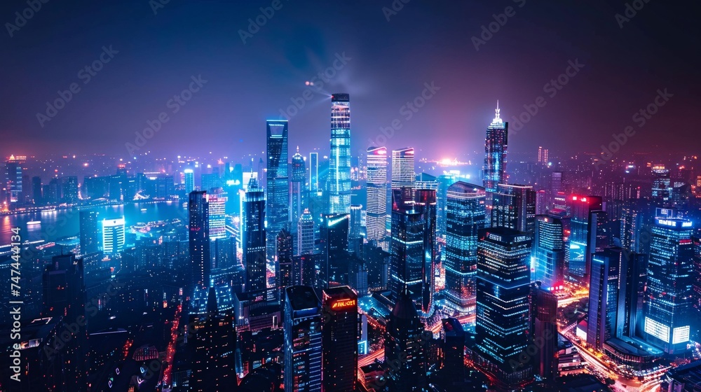 Futuristic Cityscape with Vibrant Neon Lights and Dynamic Data Flow Lines