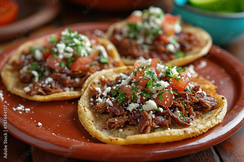 A plate of sopes, a traditional Mexican dish made with thick corn tortillas that are topped with meat, beans, cheese, and salsa. A plate of sopes, a traditional Mexican dish made with thick corn tortillas that are topped with meat, beans, cheese, and salsa.