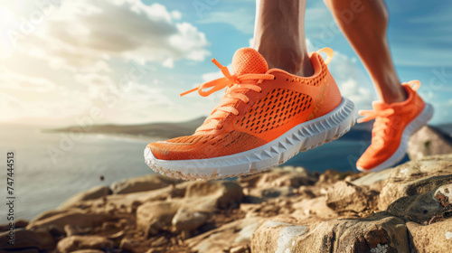 close-up action shot of a runner's bright orange shoes mid-stride on a coastal path.