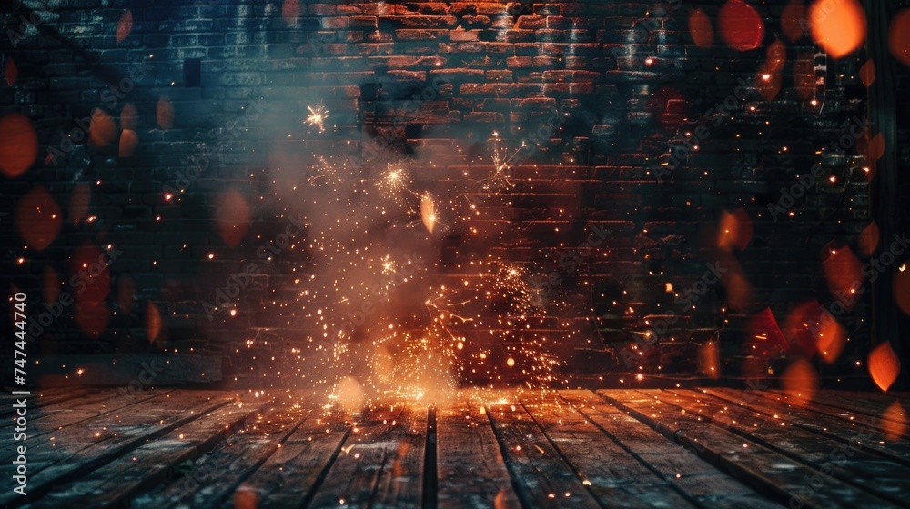 Fire sparkles on a wooden floor in front of a brick wall. Suitable for backgrounds or textures