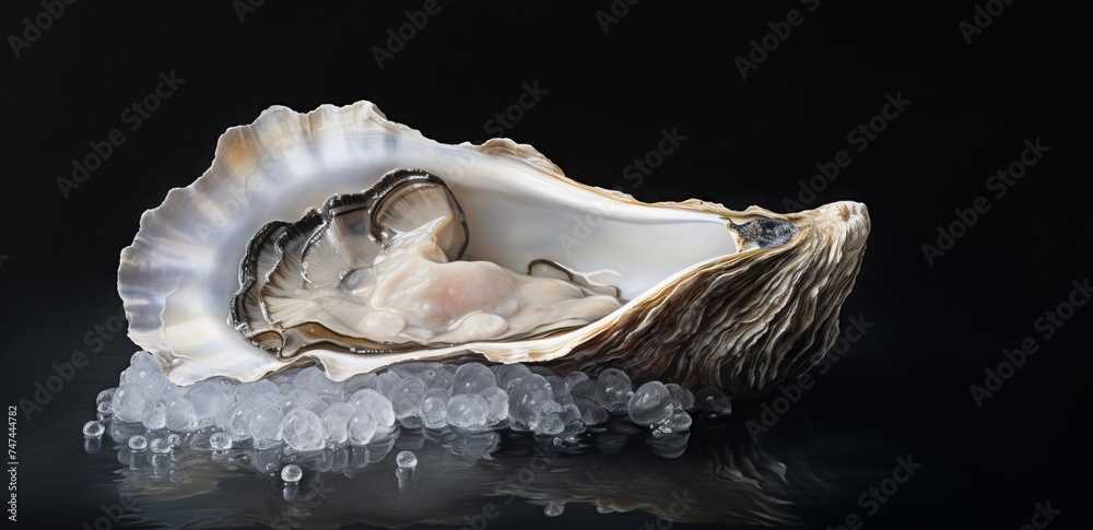 Naklejka premium Fresh oysters on ice on a black background.
