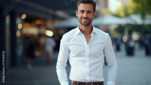 A man in a white shirt and brown belt. Suitable for business or casual concepts photo