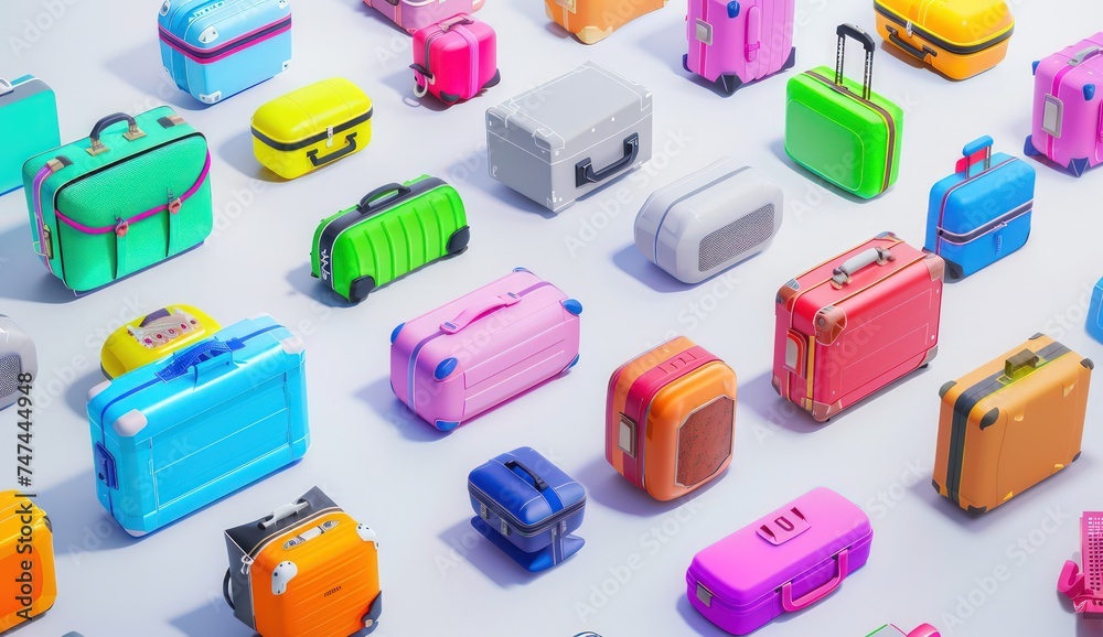 Obraz premium colorful suitcases and various bags, in the style of video feedback loops, isolated, white background