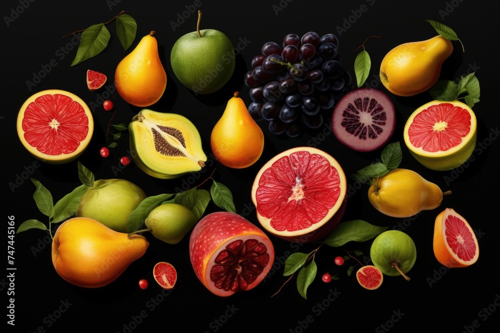 Assorted fruits displayed on a dark background, perfect for food and nutrition concepts