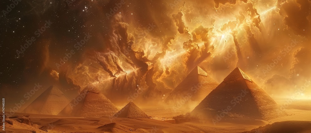 Pyramids touch the stars above a hidden underground Egyptian city, with ...