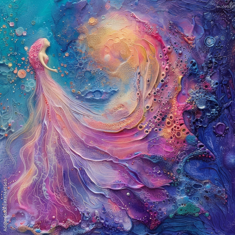 A mermaid, inspired by Tony's adventures, explores a pastel-hued quantum dimension