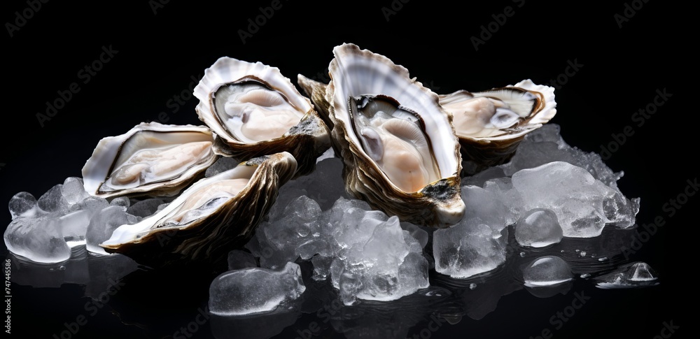 Fresh oysters on ice on a black background. Fresh oysters on ice on a black background.