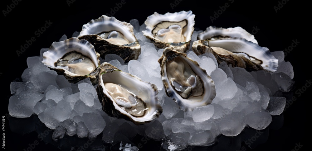 Fresh oysters on ice on a black background.