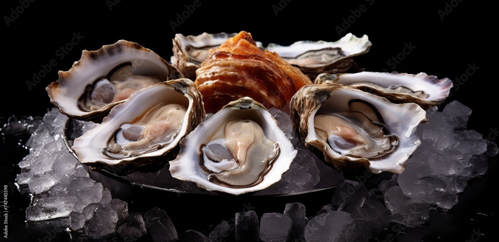 Fresh oysters on ice on a black background. Fresh oysters on ice on a black background.
