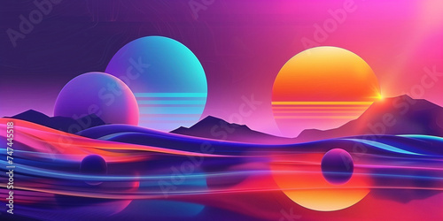Fantastic abstract landscape background pattern. Cyberpunk and vaporwave style. Purple, red, blue bright colors. Abstract horizontal banner. 80's graphic design style. Digital artwork raster bitmap. 