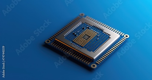 an cpu computer chip on a blue background, in front of white background